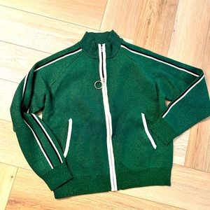 SUNCOO Metallic Forest Green Zip-Front Cardigan with White Trim